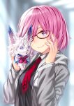  1girl fate/grand_order fate_(series) fou_(fate) glasses highres long_sleeves mash_kyrielight necktie porikeracchou purple_eyes purple_hair short_hair smile undershirt upper_body 