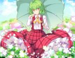  1girl aka_tawashi ascot bangs blue_sky closed_mouth collared_shirt eyebrows_visible_through_hair field flower flower_field green_hair green_umbrella hair_between_eyes holding holding_umbrella kazami_yuuka light_particles long_sleeves looking_at_viewer outdoors plaid plaid_skirt plaid_vest red_eyes red_skirt red_vest shirt short_hair skirt sky smile solo standing touhou umbrella vest white_shirt yellow_neckwear 