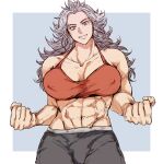  1girl abs absurdres breasts dorohedoro earrings highres jewelry large_breasts long_hair looking_at_viewer muscular muscular_female noi_(dorohedoro) open_mouth red_eyes sanso_74 simple_background smile solo tank_top white_hair 