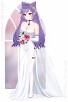  1girl bangs bouquet breasts bride cleavage commentary commission dress elbow_gloves english_commentary flower genshin_impact gloves hair_cones hair_ornament highres holding holding_bouquet keqing_(genshin_impact) large_breasts long_dress long_hair looking_at_viewer purple_eyes purple_hair repost_notice shoes side_slit simple_background sleeveless sleeveless_dress smile solo vickie_(cryingrobot) wedding_dress white_background white_dress white_footwear white_gloves 