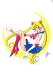  1girl bishoujo_senshi_sailor_moon blonde_hair blue_eyes boots choker circlet crescent crescent_earrings double_bun earrings elbow_gloves from_side full_body gloves jewelry knee_boots long_hair magical_girl marco_albiero miniskirt moon_stick open_mouth pleated_skirt sailor_collar sailor_moon signature skirt smile solo tsukino_usagi twintails very_long_hair white_gloves 