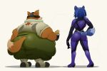  absurd_res anthro belly big_butt blue_body blue_fur blue_hair bodysuit boots butt canid canine clothed clothing dipstick_tail duo female food footwear fox fox_mccloud fur gloves hair hand_on_hip handwear headgear headphones headset hi_res holding_food holding_object jacket krystal male mammal morbidly_obese morbidly_obese_anthro morbidly_obese_male multicolored_tail nintendo obese obese_anthro obese_male orange_body orange_fur overweight overweight_anthro overweight_male rear_view seatbelt_(artist) simple_background skinsuit standing star_fox thick_thighs tight_clothing topwear video_games white_background wide_hips 