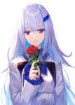  1girl absurdres bangs blue_hair closed_mouth commentary_request eyebrows_visible_through_hair flower frilled_sleeves frills hair_ornament hand_up highres holding holding_flower jacket lize_helesta long_hair long_sleeves looking_at_viewer multicolored_hair nijisanji purple_eyes red_flower red_rose rose shirt silver_hair simple_background sleeves_past_wrists smile solo two-tone_hair upper_body very_long_hair virtual_youtuber white_background white_jacket white_shirt yuuki_nao_(pixiv10696483) 