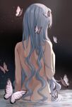  1girl absurdres alternate_hair_length alternate_hairstyle arm_at_side ass ayanami_rei back blue_hair bug butterfly completely_nude dark_background from_behind hand_on_own_chest highres insect long_hair neon_genesis_evangelion nude solo ueng very_long_hair wading water 