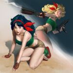  2girls black_hair blonde_hair breasts brown_eyes cleavage clothing_request commentary dragon_ball dual_persona english_commentary fingerless_gloves full_body gloves gun large_breasts looking_at_viewer looking_away lunch_(dragon_ball) multiple_girls red_ribbon ribbon sangsoo_jeong shoes shorts shotgun simple_background tagme weapon weapon_request 