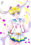  1girl backlighting bishoujo_senshi_sailor_moon blonde_hair blue_eyes blue_sailor_collar choker circlet cowboy_shot crescent crescent_earrings earrings elbow_gloves gloves heart heart_choker jewelry magical_girl marco_albiero miniskirt multicolored multicolored_clothes multicolored_skirt petals pleated_skirt rose_petals sailor_collar sailor_moon sailor_senshi_uniform signature skirt solo super_sailor_moon tsukino_usagi white_gloves 