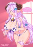  1girl :p animal_print artist_name bell bikini blue_eyes blush braid breasts burbur cow_print cow_tail cowbell demon_horns draph english_commentary english_text eyebrows_visible_through_hair granblue_fantasy hair_ornament hair_over_one_eye heart heart-shaped_pupils horns large_breasts light_purple_hair long_hair looking_at_viewer milk mixed-language_commentary narmaya_(granblue_fantasy) neck_bell pointy_ears print_bikini purple_hair single_braid smile solo swimsuit symbol-shaped_pupils tail tongue tongue_out watermark 