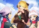  3girls :d beanie black_dress blonde_hair blue_eyes blue_hair blush breasts cleavage commentary commentary_request covered_navel cyndaquil cynthia_(pokemon) dawn_(pokemon) day dress female_protagonist_(pokemon_legends:_arceus) gen_2_pokemon hair_over_one_eye hat highres katwo large_breasts multiple_girls open_mouth pokemon pokemon_(game) pokemon_dppt pokemon_legends:_arceus red_scarf scarf smile 