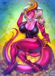  anthro big_breasts breasts clothed clothing digital_media_(artwork) dragon female gold_(metal) gold_jewelry hair hi_res horn jewelry leonifa pink_body pink_scales reptile scales scalie smile solo white_hair 