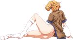  1girl arm_warmers ass bangs blonde_hair boots bottomless brown_jacket full_body green_eyes grin hair_between_eyes half_updo high_heel_boots high_heels jacket looking_at_viewer looking_back lying mizuhashi_parsee multicolored multicolored_clothes multicolored_jacket on_side ootsuki_wataru pointy_ears short_hair short_ponytail smile solo touhou transparent_background white_footwear 