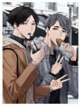  2boys bangs black_eyes black_hair blurry border cup drinking_straw eating food green_hair haikyuu!! highres holding holding_cup holding_food jacket long_sleeves looking_at_viewer male_focus miya_osamu multiple_boys open_clothes open_jacket open_mouth standing suna_rintarou upper_body v zvcrq2rcj11ilu2 