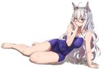  1girl absurdres ahoge animal_ears arm_support bangs barefoot biwa_hayahide_(umamusume) blue_swimsuit breasts crown eyebrows_visible_through_hair full_body glasses highres horse_ears horse_girl horse_tail large_breasts legs long_hair one-piece_swimsuit red-framed_eyewear semi-rimless_eyewear shinomu_(cinomoon) silver_hair simple_background solo swimsuit tail toes umamusume under-rim_eyewear white_background yellow_eyes 