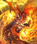  1girl armlet bangs bare_shoulders black_legwear breasts dragon_girl dragon_horns dragon_tail dragon_wings dress elbow_gloves fire flying gloves grea_(shingeki_no_bahamut) horns kouyafu large_breasts looking_at_viewer official_art pointy_ears purple_hair red_eyes shingeki_no_bahamut short_hair sidelocks sleeveless sleeveless_dress solo tail thighhighs wings 