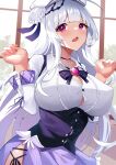  1girl absurdres arms_up azur_lane blush bow braid braided_bun breasts cleavage corset covered_nipples cygnet_(azur_lane) eyebrows_visible_through_hair hair_ornament hair_ribbon hat highres jewelry large_breasts long_hair looking_at_viewer necklace open_mouth purple_bow purple_eyes purple_skirt ribbon sanba_tsui shirt skirt solo undersized_clothes white_hair white_shirt window 