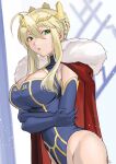  1girl absurdres artoria_pendragon_(all) artoria_pendragon_(lancer)_(fate) asakou_(n_morninglight) bangs blonde_hair blue_gloves blue_leotard braid breasts cape cowboy_shot crown elbow_gloves fate/grand_order fate_(series) french_braid fur-trimmed_cape fur_trim gloves green_eyes hair_between_eyes highres large_breasts leotard red_cape sidelocks solo swept_bangs 