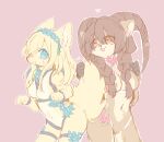  &lt;3 2021 anthro blonde_hair blue_eyes blush bodily_fluids bovid breasts brown_body brown_fur brown_hair canid canine canis caprine crotch_tuft domestic_dog duo featureless_breasts female female/female fingers flower fluffy fluffy_tail fur hair hi_res horn kemonngo kemono long_hair looking_at_viewer mammal medium_breasts nude open_mouth open_smile orange_eyes pink_background plant simple_background smile standing sweat tuft yellow_body yellow_fur 