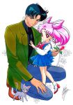  1boy 1girl animal animal_collar bell bishoujo_senshi_sailor_moon black_hair blue_eyes cat chiba_mamoru chibi_usa collar crescent crescent_facial_mark diana_(sailor_moon) double_bun earrings facial_mark father_and_daughter flower forehead_mark holding holding_flower jewelry jingle_bell kneeling marco_albiero pink_hair red_eyes rose school_uniform serafuku signature stud_earrings twintails 