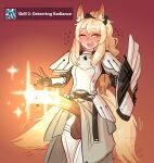  1girl animal_ears arknights armor bangs blemishine_(arknights) blonde_hair blush breastplate flying_sweatdrops full-face_blush futanari highres horse_ears horse_girl horse_penis horse_tail huge_penis long_hair one_eye_closed open_mouth pauldrons penis plate_armor ponytail red_background shield shoulder_armor solo tail tenk testicles v 