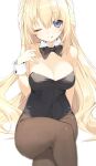  1girl absurdres animal_ears bare_shoulders blonde_hair blue_eyes blush braid breasts brown_legwear bunny_ears bunny_tail buran_buta cleavage covered_navel detached_collar eyebrows_visible_through_hair fake_animal_ears french_braid from_side highleg highres large_breasts long_hair looking_at_viewer neptune_(series) one_eye_closed pantyhose playboy_bunny sitting solo tail tongue tongue_out vert very_long_hair wrist_cuffs 