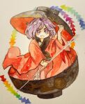  1girl bowl bowl_hat hat holding holding_needle in_bowl in_container japanese_clothes key747h kimono minigirl needle open_mouth paper_texture purple_eyes purple_hair rainbow_order red_kimono sukuna_shinmyoumaru touhou traditional_media watercolor_(medium) wide_sleeves 