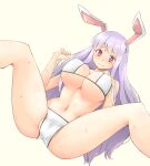  1girl animal_ears arnest bangs beige_background bikini blush breasts bunny_ears cameltoe commentary_request commission covered_nipples eyebrows_visible_through_hair groin hand_on_own_chest large_breasts long_hair looking_at_viewer lying navel on_back purple_hair red_eyes reisen_udongein_inaba sidelocks skeb_commission smile spread_legs sweat swimsuit thighs touhou white_bikini white_swimsuit 