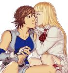  2girls artist_request banned_artist blonde_hair blue_eyes boots breasts brown_hair cosplay couple dress fingerless_gloves frills gloves jess_(jelee) kazama_asuka knee_boots lili_(tekken) lili_(tekken)_(cosplay) long_hair medium_breasts multiple_girls short_hair tekken tekken_5 tekken_6 yuri 