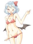  1girl arnest bangs bikini bikini_pull black_wings blue_hair blush bob_cut bow bow_bikini breasts clothes_pull commentary cowboy_shot demon_wings fang groin hair_bow looking_at_viewer low_wings navel one_eye_closed open_mouth pointy_ears pulled_by_self red_bikini red_bow red_eyes remilia_scarlet simple_background skin_fang small_breasts smile solo standing sweatdrop swimsuit touhou white_background wings 