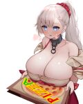  1boy 1girl absurdres apron azur_lane bangs bare_shoulders bbolalus beige_shirt belfast_(azur_lane) belfast_(piping-hot_perfection)_(azur_lane) blue_eyes blush braid breast_rest breasts broken broken_chain chain cleavage collar food high_ponytail highres holding holding_food holding_pizza huge_breasts low_neckline metal_collar official_alternate_costume open_mouth pizza pizza_box red_apron red_scrunchie scrunchie side_braid silver_hair strap_slip white_background wrist_cuffs 