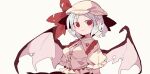  1girl @_@ bat_wings breasts buttons closed_mouth collared_shirt eyebrows_visible_through_hair hat hat_ribbon highres light_blue_hair looking_at_viewer ma_sakasama medium_breasts red_eyes red_ribbon remilia_scarlet ribbon shirt short_hair short_sleeves simple_background smile solo touhou upper_body white_background white_headwear white_shirt wings 