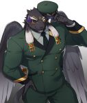  aaassstaro anthro black_body black_fur black_wings blush clothing collared_shirt digital_media_(artwork) double_breasted_suit eye_patch eyebrows eyewear felid feline fur gold_(metal) gold_jewelry green_eyes green_suit green_uniform hair hand_on_hip hat headgear headwear jewelry long_hair looking_aside looking_away male mammal muscular muscular_anthro muscular_male necktie shirt simple_background smile solo standing suit tezcatlipoca tokyo_afterschool_summoners topwear uniform video_games white_background wings 