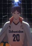  1boy 5600cm anaglyph ball bangs black_eyes black_hair haikyuu!! holding holding_ball jacket jacket_on_shoulders kageyama_tobio looking_at_viewer male_focus older short_hair simple_background smile solo sportswear standing twitter_username upper_body volleyball_net volleyball_uniform 