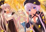  3girls alternate_costume autumn_leaves azur_lane beige_sweater belt beret black_dress black_headwear black_ribbon blonde_hair blue_eyes blue_legwear book braid braided_bun breasts brown_belt casual cleavage cocoablue23 denim double_bun dress eyebrows_visible_through_hair formidable_(azur_lane) frilled_shirt frills hair_ribbon hat highres holding holding_book illustrious_(azur_lane) jeans large_breasts laurel_crown light_purple_hair long_hair looking_at_viewer multiple_girls off-shoulder_shirt off_shoulder open_mouth pants red_eyes ribbon shirt short_sleeves smile thigh_gap thighhighs torn_clothes torn_jeans torn_pants tree tress_ribbon tri_tails very_long_hair victorious_(azur_lane) white_shirt 