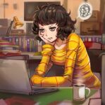  1girl absurdres annoyed bags_under_eyes book breasts brown_eyes brown_hair coffee_mug computer cup curly_hair hand_on_own_face highres kawakami_sadayo laptop lipstick long_sleeves makeup medium_breasts medium_hair mug persona persona_5 scowl shirt sitting solo spoken_squiggle squiggle steam toasty_scones v-shaped_eyebrows yellow_shirt 