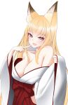  1girl animal_ear_fluff animal_ears bangs bare_shoulders blonde_hair blush breasts cleavage eyebrows_visible_through_hair finger_to_mouth fox_ears fox_girl highres japanese_clothes large_breasts long_hair looking_at_viewer miko mole mole_on_breast nekobaka open_mouth original red_eyes solo white_background 