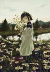  1girl 7ife absurdres armor blonde_hair blurry blurry_background bouquet dress facing_to_the_side flower helmet highres holding holding_bouquet looking_at_viewer mountainous_horizon original outdoors river shoulder_armor solo standing tree white_dress yellow_eyes 