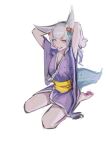  1girl absurdres ahri animal_ears armpits arms_up barefoot bell breasts cleavage collarbone facial_mark film_grain fox_ears fox_tail grey_hair grin hair_bell hair_ornament highres japanese_clothes kimono league_of_legends long_hair long_sleeves looking_at_viewer mouth_hold mumuy orange_eyes simple_background sketch slit_pupils smile solo tail teeth whisker_markings white_background wide_sleeves yukata 