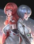  2girls abigail_diaz artist_name ayanami_rei back-to-back blue_hair breasts commentary crossover dragon_raja english_commentary hair_intakes hair_ribbon highres long_hair medium_breasts medium_hair multiple_girls neon_genesis_evangelion parted_lips red_eyes red_hair ribbon sky star_(sky) starry_sky uesugi_erii white_ribbon 