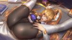  blonde_hair book boots brown_legwear cameltoe fingernails hair_between_eyes indoors league_of_legends leona_(league_of_legends) light_particles long_hair lower_teeth one_eye_closed open_book open_mouth pantyhose patreon_username pink_lips pink_nails ponytail purple_eyes spread_legs sword teeth thigh_boots thighhighs turewindwalker weapon white_legwear 