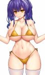  1girl absurdres asamura_hiori ass_visible_through_thighs azur_lane bangs bikini blue_hair breasts cameltoe cleavage closed_mouth commentary_request cowboy_shot eyebrows_visible_through_hair halterneck highleg highleg_bikini highres large_breasts looking_at_viewer medium_hair micro_bikini navel orange_bikini orange_eyes outstretched_arms pola_(azur_lane) shiny shiny_skin side-tie_bikini sidelocks simple_background skindentation smile solo spread_arms standing stomach swimsuit thighhighs thong twintails white_background white_legwear 