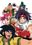  1girl 5boys bakuten_shoot_beyblade beyblade black_hair chen_mao chen_rai closed_mouth gao_(beyblade) green_hair kiki_(beyblade) kon_rei long_hair multiple_boys official_art old old_man open_mouth pink_hair ponytail tao_(beyblade) white_background yellow_eyes 