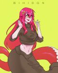  1girl bihidgn hair_ornament highres lamia long_skirt midriff miia_(monster_musume) monster_girl monster_musume_no_iru_nichijou navel pointy_ears red_hair scales skirt slit_pupils solo wide_hips yellow_eyes 