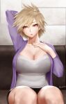  1girl arm_behind_head bakugou_mitsuki blonde_hair boku_no_hero_academia breasts cleavage couch easonx hand_on_own_chest highres huge_breasts indoors lips mature_female red_eyes shirt short_hair sitting solo spiked_hair tsurime white_shirt 