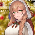  1girl blush braid breasts brown_hair christmas cloak commentary_request girls_frontline green_eyes hair_between_eyes hood hood_up hooded_cloak large_breasts long_hair looking_at_viewer lowres m1903_springfield_(girls_frontline) official_alternate_costume red_ribbon ribbed_sweater ribbon shoukaki_(earthean) smile solo sweater upper_body 