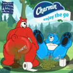  3_toes absurd_res accessory advertising_mascot anthro anus areola baconfetish&#039;ntomato balls belly big_belly big_breasts biped blue_body blue_fur bodily_fluids breasts butt charmin charmin_bear charmin_ultra_soft_mom charmin_ultra_strong_dad crouching digital_media_(artwork) duo feces feet female flower flower_in_hair forest forest_background fur genitals hair hair_accessory hi_res humanoid_genitalia laying_on_ground logo looking_at_viewer lying male male/female mammal mascot mature_female nature nature_background navel nipples nude on_back onomatopoeia open_mouth overweight overweight_anthro overweight_male pawpads penis plant pooping pooping_on_floor pussy red_body red_fur scat smile sound_effects text thick_thighs toes toilet_paper tree ursid ursine wide_hips 