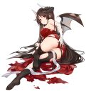  1girl ass black_legwear breasts brown_eyes brown_hair demon_girl dress elbow_gloves feet fingerless_gloves from_behind full_body gloves highres horns kincora large_breasts long_hair looking_at_viewer looking_back lying no_shoes noah_fantasy official_art red_dress simple_background solo thighhighs torn_clothes torn_gloves torn_legwear transparent_background very_long_hair white_gloves wings 