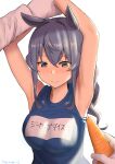  1boy 1girl admiral_(kancolle) animal_ears arms_up bangs blue_eyes blue_hair breasts carrot closed_mouth eyebrows_visible_through_hair gloves gotland_(kancolle) hair_between_eyes highres holding holding_carrot horse_ears kantai_collection large_breasts long_hair misumi_(niku-kyu) mole mole_under_eye name_tag sidelocks simple_background solo_focus translated twitter_username umamusume upper_body white_background white_gloves 