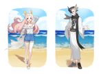  1boy 1girl bangs black_footwear black_hair black_scarf blue_shorts closed_mouth cloud commentary_request day grey_hair grimsley_(pokemon) hair_between_eyes hand_on_hip long_hair mongguri original outdoors pink_hair pokemon pokemon_(game) pokemon_sm sand sandals sash scarf shoes shore shorts sky smile standing water wide_sleeves 