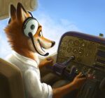  2021 aircraft anthro canid canine clothed clothing fox headphones inside looking_at_viewer looking_back looking_back_at_viewer male mammal microphone nik159 open_mouth open_smile pilot sitting sky smile solo working 