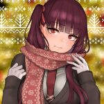  1girl between_breasts blush breasts coat commentary girls_frontline gloves hair_ribbon large_breasts looking_at_viewer lowres necktie necktie_between_breasts official_alternate_costume one_side_up purple_hair red_eyes red_scarf ribbon scarf shoukaki_(earthean) solo upper_body wa2000_(girls_frontline) 