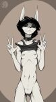  5_fingers anthro black_hair bottomless breasts clothed clothing collar felid feline female fingers genitals hair hi_res ishima_(renesi) mammal nipple_piercing nipples nude partially_clothed petresko piercing pussy shirt small_breasts smile smirk solo tank_top topwear undressing white_body white_skin 